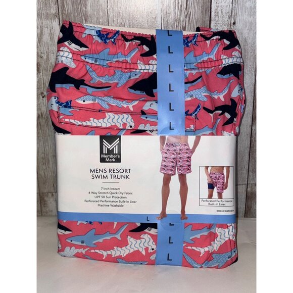Members Mark Men's Resort Swim Trunks Coral Shark UPF 50+ Quick Dry 7" Inseam Lg - Picture 1 of 6
